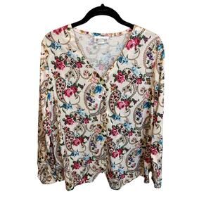Vintage Banner New York Long Sleeve Floral Button Up Silky Blouse Size Large
